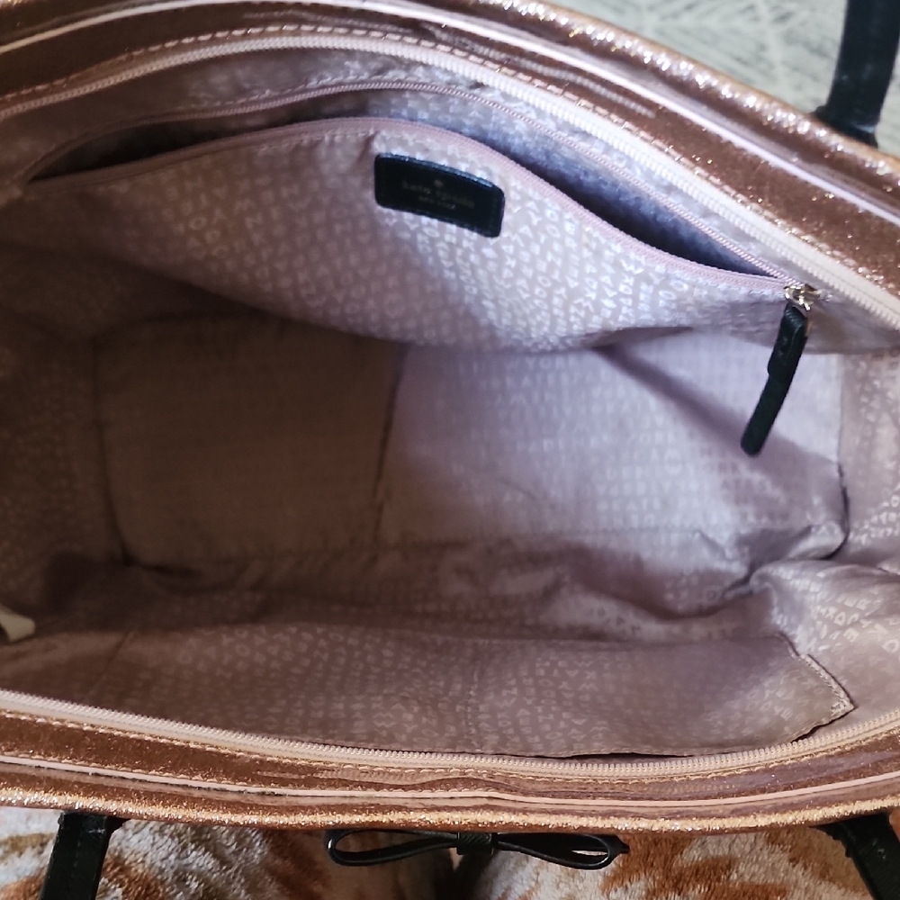 Kate Spade Rose Gold Glitter Tote Bow Black Handles Sparkly Shopper Bag - Picture 10 of 16
